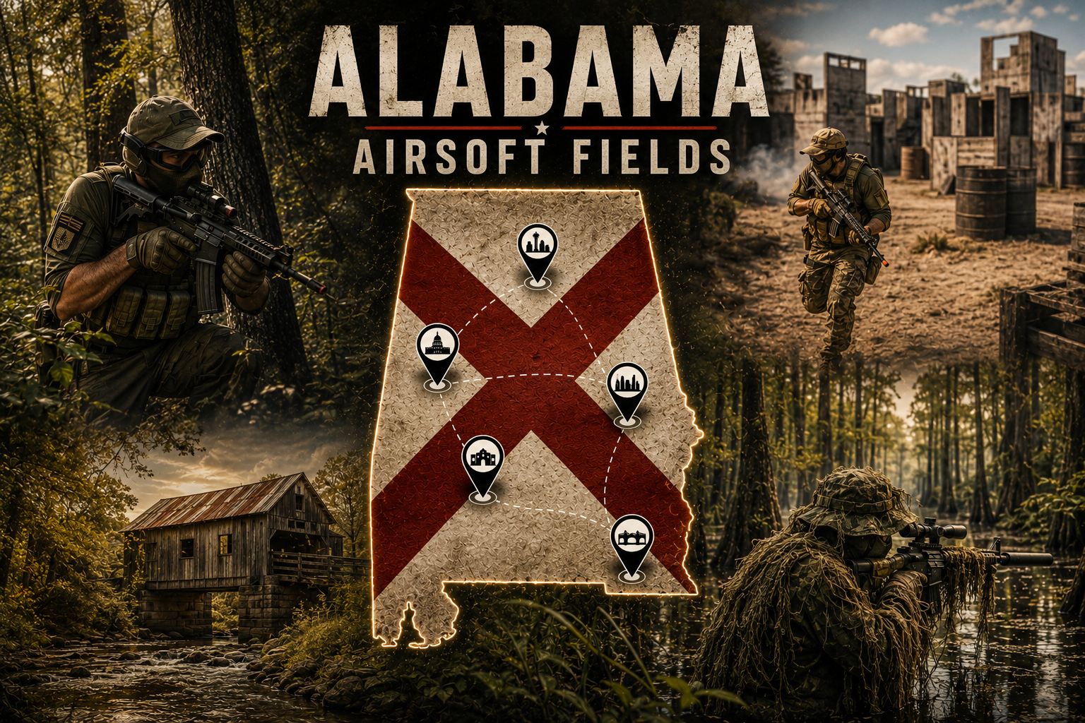 outdoor airsoft field in Alabama with tactical terrain and woodland cover