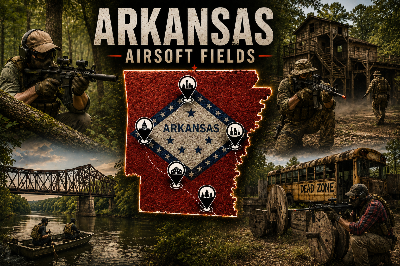outdoor airsoft field in Arkansas with tactical terrain and woodland cover