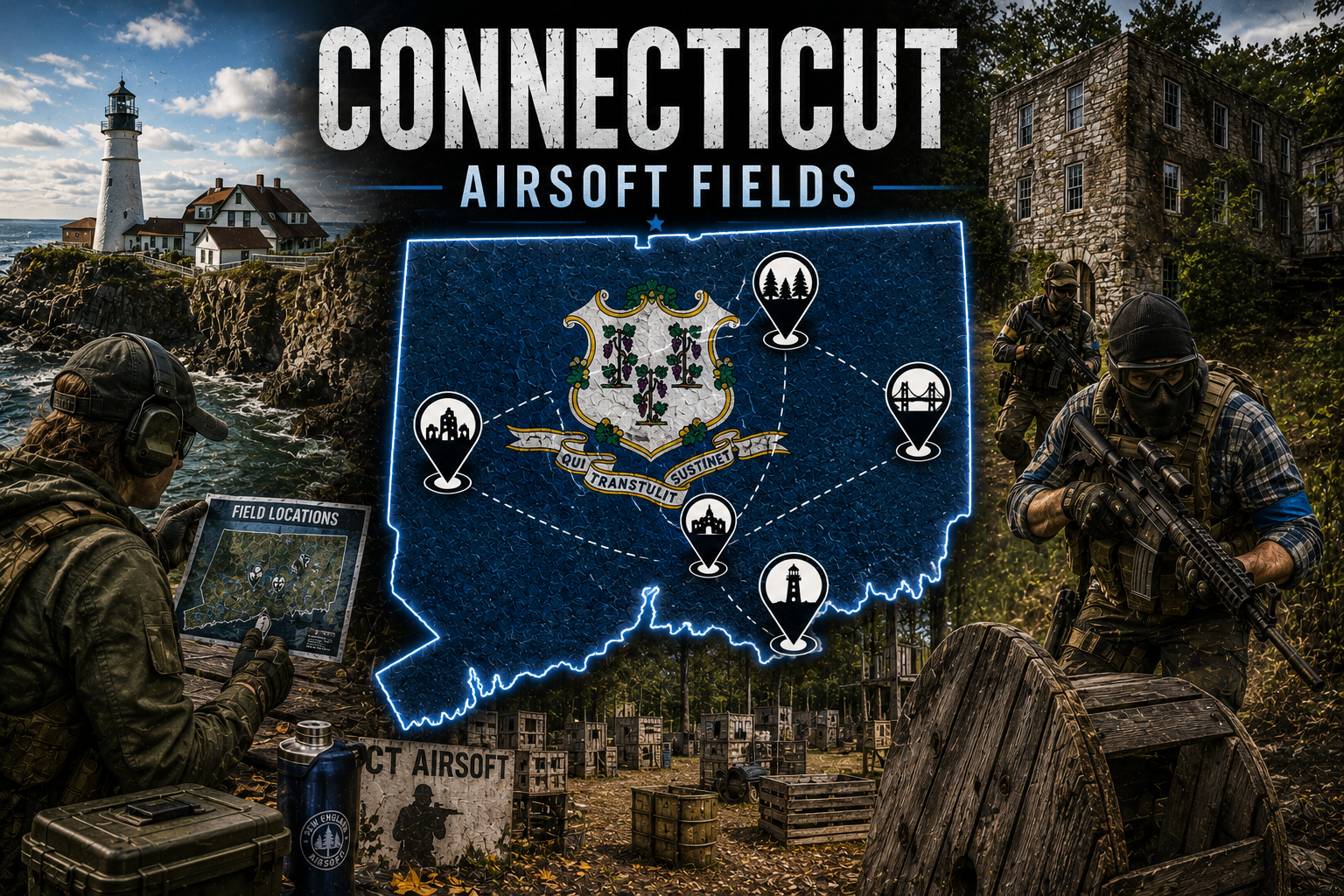 outdoor airsoft field in Connecticut with tactical terrain and woodland cover