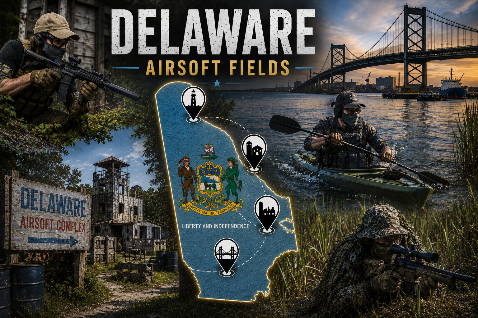 outdoor airsoft field in Delaware with tactical terrain and woodland cover