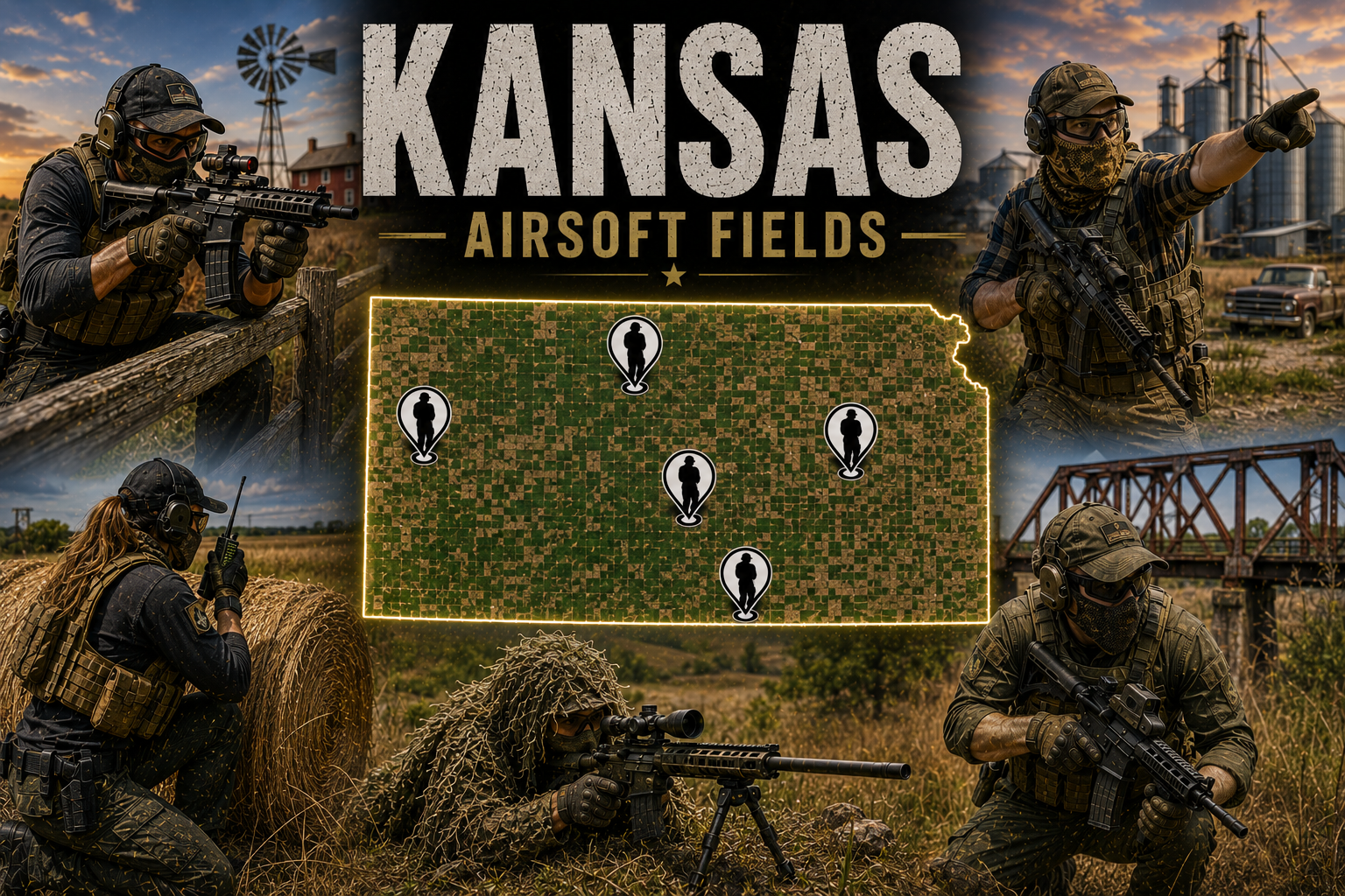 outdoor airsoft field in Kansas with tactical terrain and woodland cover
