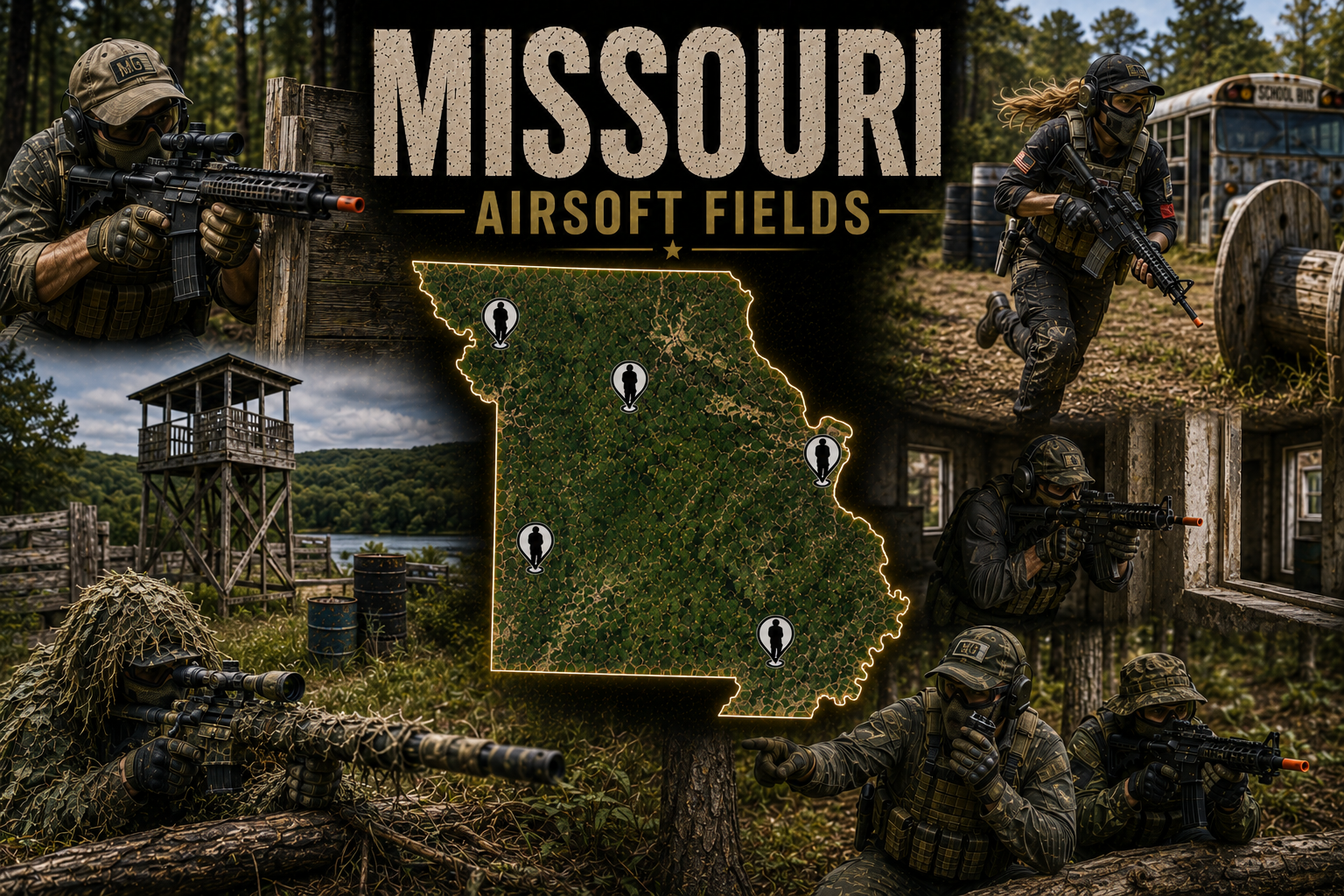 outdoor airsoft scene in Missouri with tactical structures and natural woodland cover