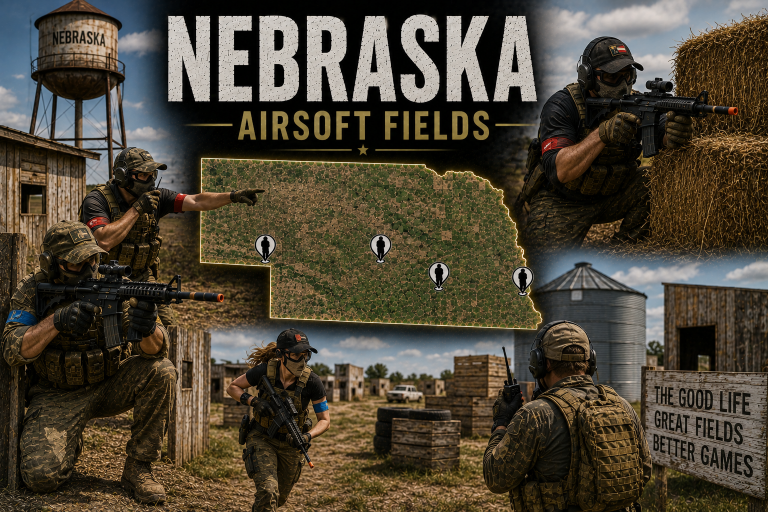 outdoor airsoft scene in Nebraska with tactical woodland barricades
