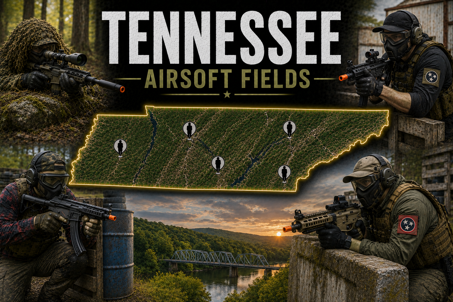 outdoor airsoft field in Tennessee with lush tactical terrain and cover