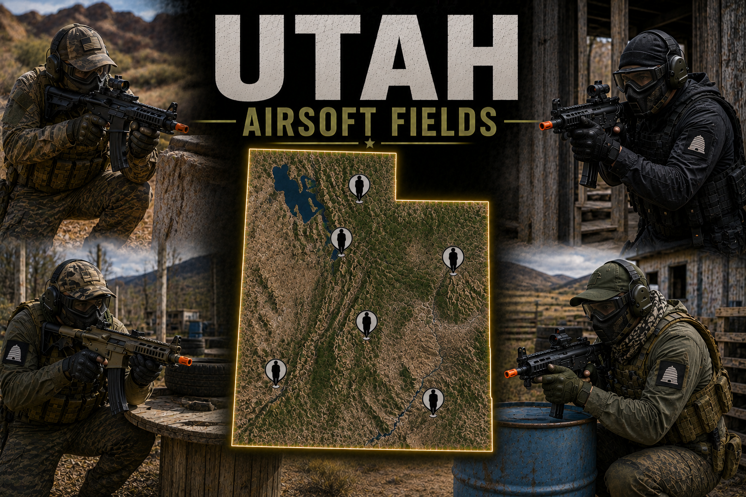 outdoor airsoft field in Utah with tactical terrain and high desert cover