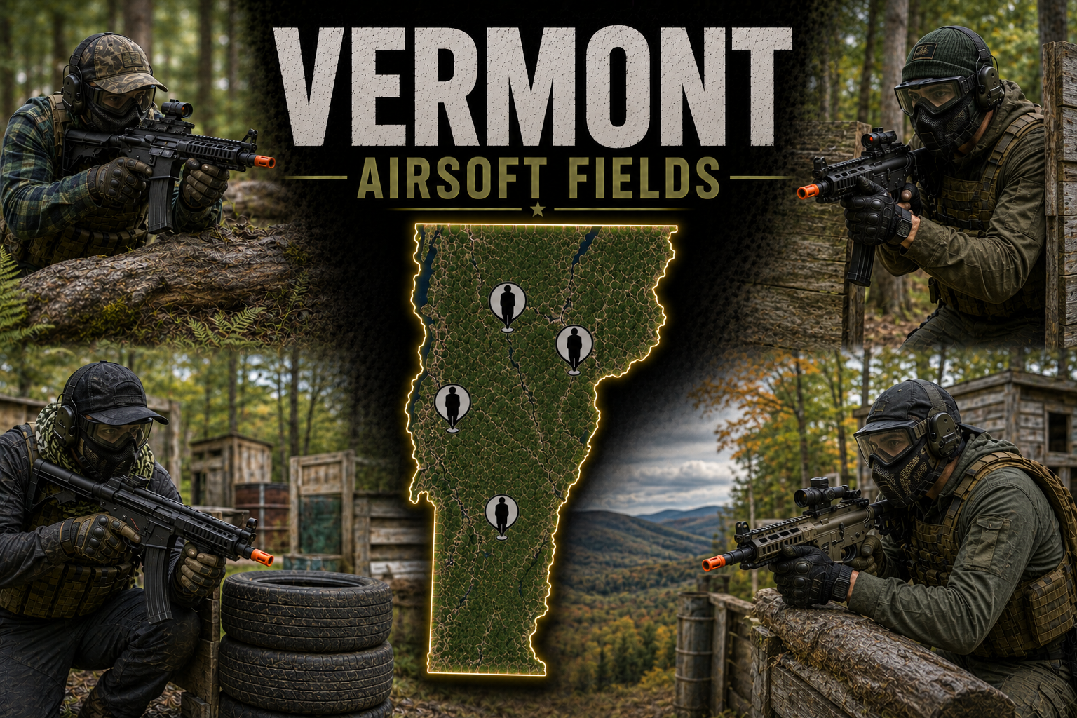 outdoor airsoft field in Vermont with tactical terrain and woodland cover