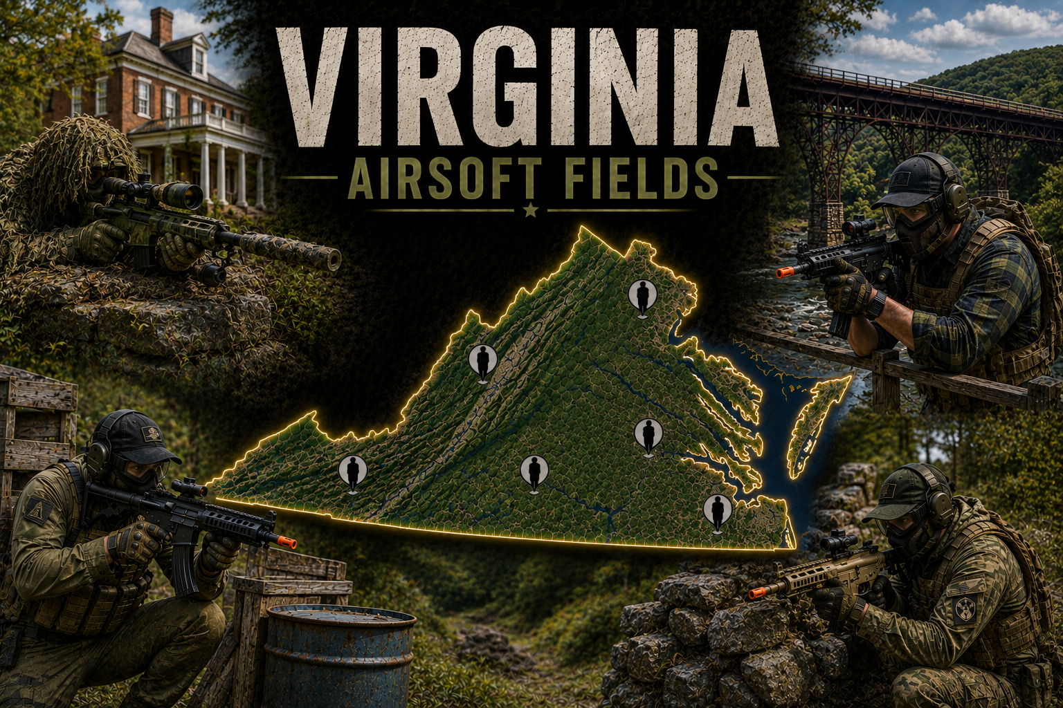 outdoor airsoft field scene in Virginia with tactical structures and woodland cover